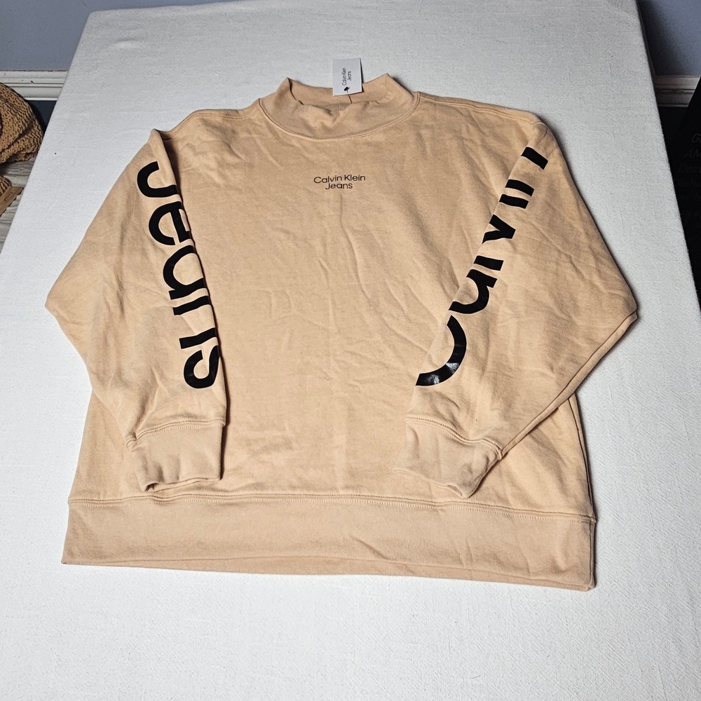 Calvin Klein Jeans Tan Mock Neck Logo Sweatshirt XL Pullover Graphic Sleeve Back